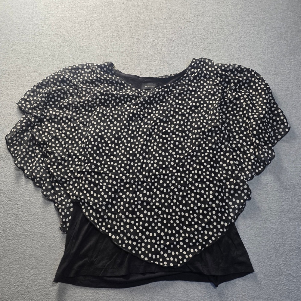 AB Studio Polka Dot Cape Overlay Flutter Sleeve Blouse Womens XL Black White